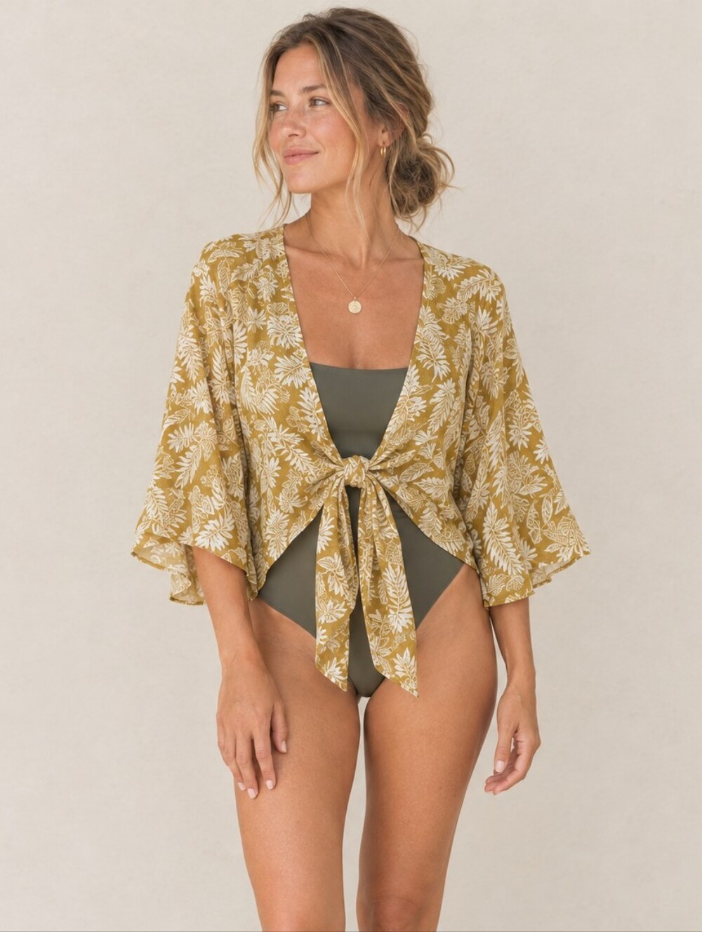 Japna Mustard and White Leaf Tropical Cropped Tie Top Cover Up Women's Large